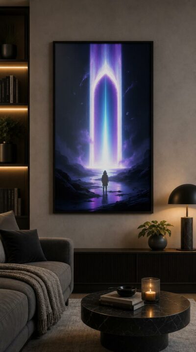 A hooded figure stands small before a towering gothic gateway of violet and turquoise light, on the threshold of an unknown world.