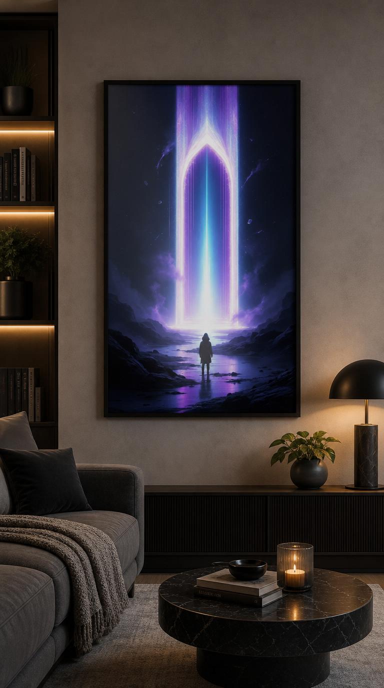 A hooded figure stands small before a towering gothic gateway of violet and turquoise light, on the threshold of an unknown world.