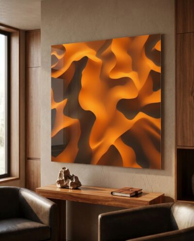 Sculpted dunes ripple in raking amber light, their crests and shadow valleys forming a hypnotic, almost liquid abstract rhythm.