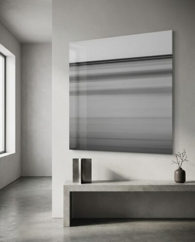 A misty lake drawn out by time into quiet horizontal bands of silver and luminous grey, hushed and weightless.