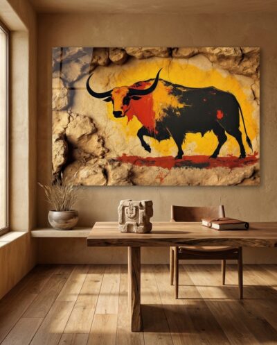 A colossal aurochs strides across cracked stone, its long curving horns and black body flushed with ochre fire against a blazing yellow sun.