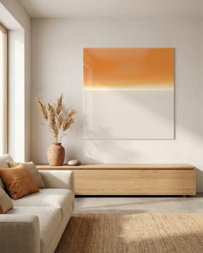 A warm tangerine glow dissolves into pale ivory across a single luminous horizon, calm and weightless as morning light.