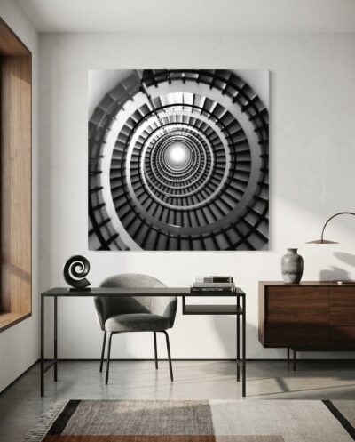 A spiral staircase seen from directly below, its black-and-white coils winding tightly toward a single point of light.