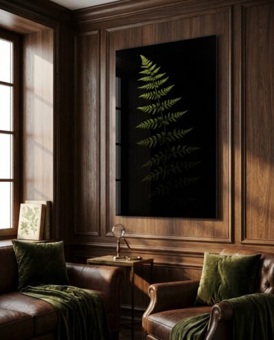 A single fern frond rises through deep darkness, its serrated leaflets catching a cool edge of light against an almost black ground.