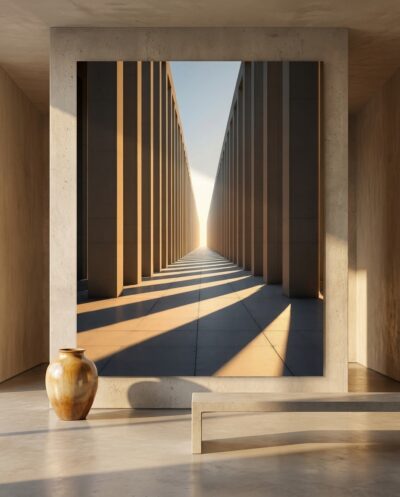 A long colonnade marches toward a luminous horizon, sunlight and shadow falling between the pillars in a steady, golden rhythm.