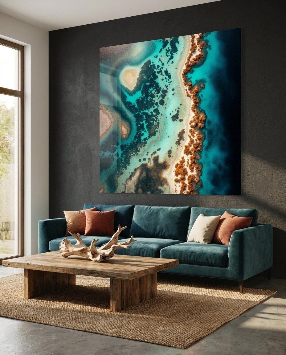 A turquoise shoreline dissolves into reef, its lacy edges spun from pale sand, shallow water and coral.