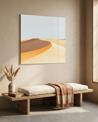 A single sunlit dune curves across a pale sky, its amber crest meeting a soft basin of cream and ochre in serene stillness.