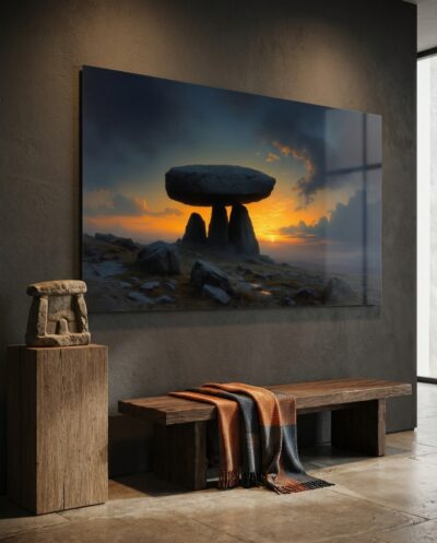 A colossal capstone balanced on its uprights stands as a dark altar against the burning amber and indigo of a windswept dusk.