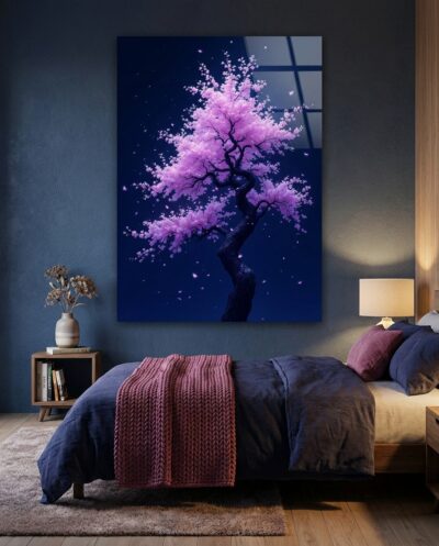 An ancient cherry tree glows from within against midnight indigo, its petals drifting down like luminous, weightless snow.