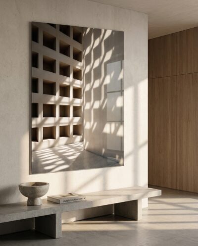 A concrete lattice screen scatters a crisp, rhythmic grid of light and shadow across a sunlit interior of squares and soft warm stone.