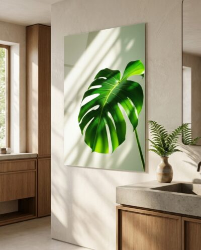 A single monstera leaf backlit to glowing translucence, its veins and natural splits lit like panes of green stained glass.