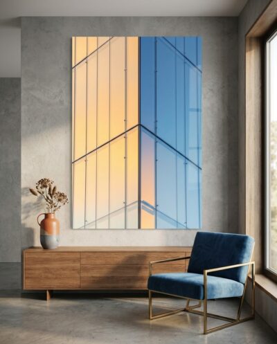 The crisp corner of a glass tower splits the frame, warm amber glass meeting cool blue across a single gleaming edge.