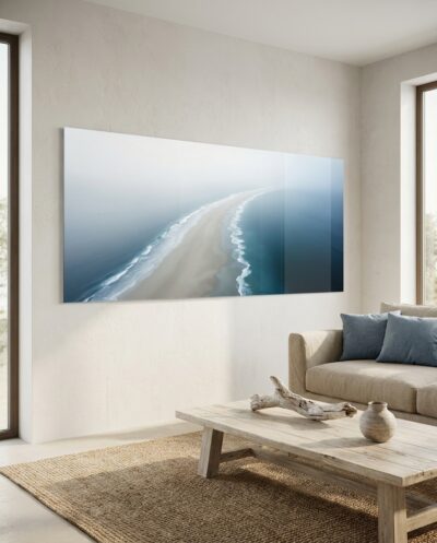 A coastline seen from high above, where pale sand meets the sea in a slow, luminous arc of foam and blue.