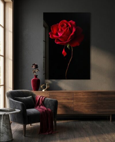 An overblown crimson rose surrenders a single petal to the dark, its velvet bloom glowing in warm, low light.
