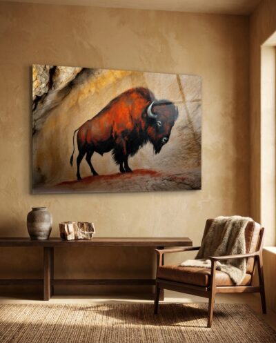 A lone bison, head lowered and shoulders humped, surges from the living curve of the cave wall in glowing red and black ochre.