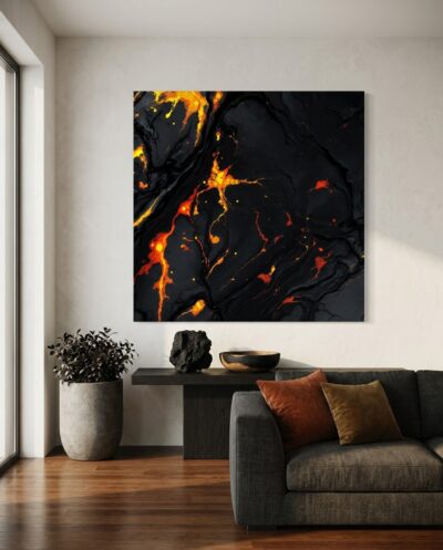 Bottomless black lava cleaved by rivers of molten orange and gold, an abstract field that smolders with contained heat.