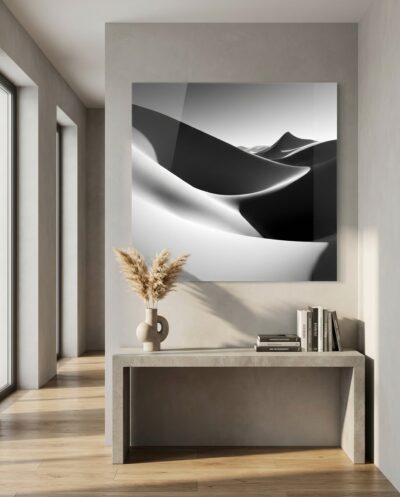 Sculpted dune ridges in raking light, sensual curves of pale silver tracing the edge of deep, velvet shadow.