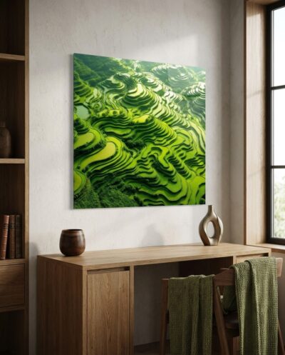 An aerial sweep of terraced rice fields curving in luminous green bands, the hillside sculpted into rhythmic, flowing contour lines.
