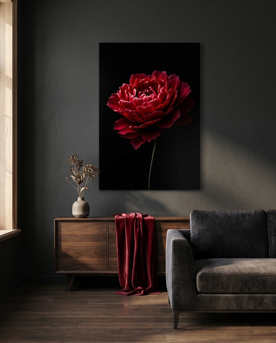 A full-blown crimson peony glows from its own heart, each layered petal lit against velvet darkness.