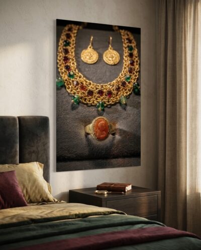 A jewelled Roman necklace of woven gold, garnets and emeralds crowns two coin earrings and a carnelian cameo ring, aglow on dark velvet.