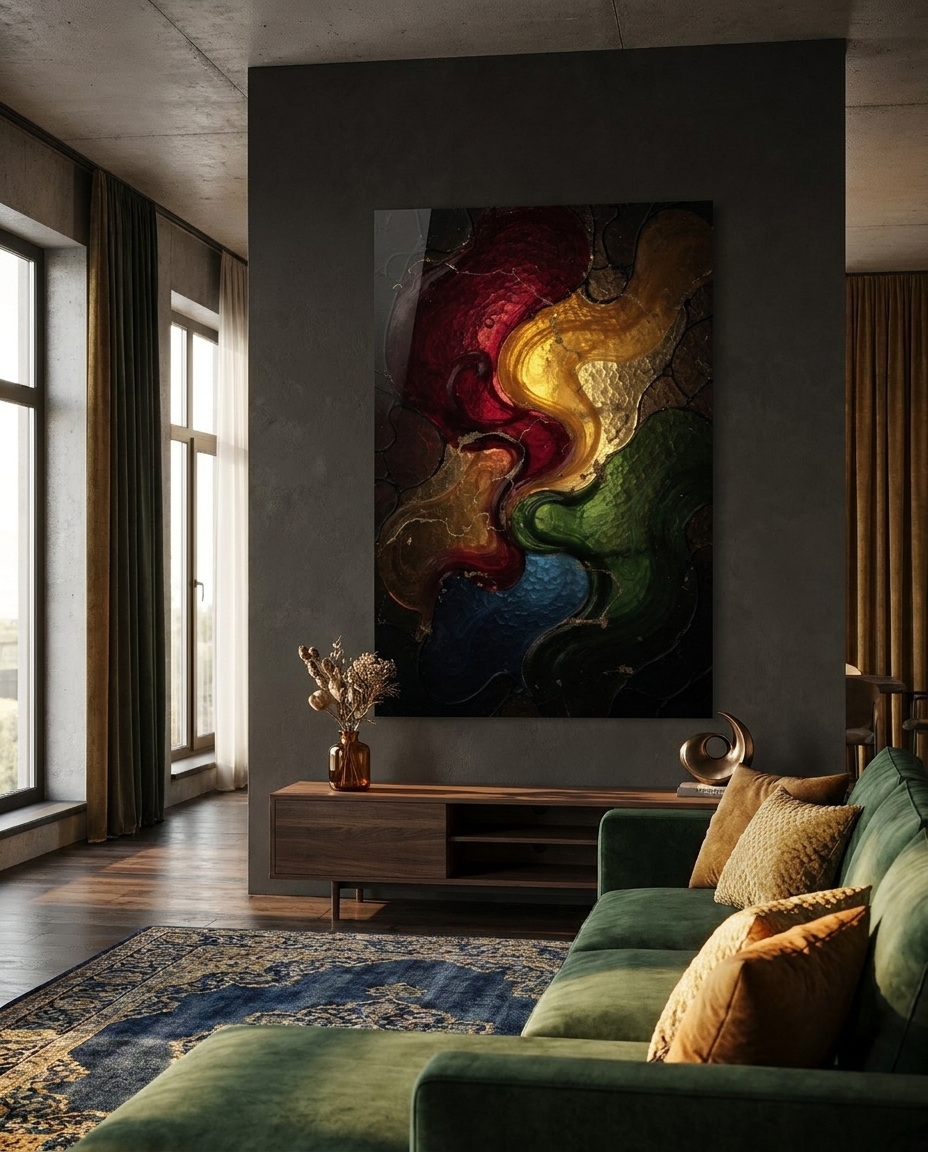 Jewel tones dissolve and flow like molten glass, ruby into amber into emerald, veined with rivers of liquid gold.