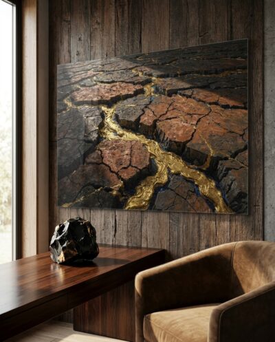 Rivers of molten gold trace their way through cracked, dark earth, mending a fractured landscape like veins of light through stone.