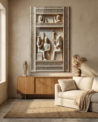 Seated figures and attendants rise in carved tiers across a pale stone stele, framed by a shimmering band of key-pattern ornament in gold and lapis.