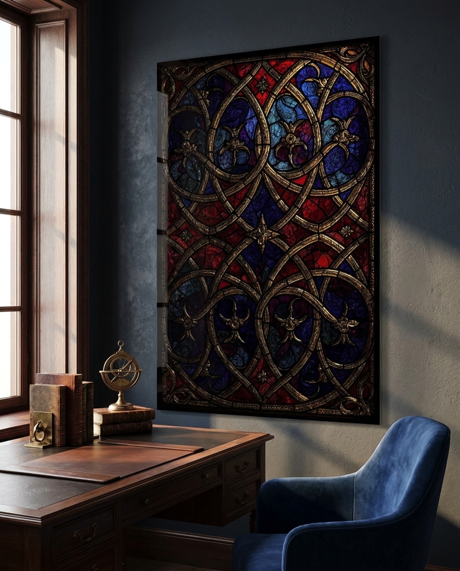 Gilded ribbons of tracery loop and interlace across deep pools of lapis-blue and ruby light.