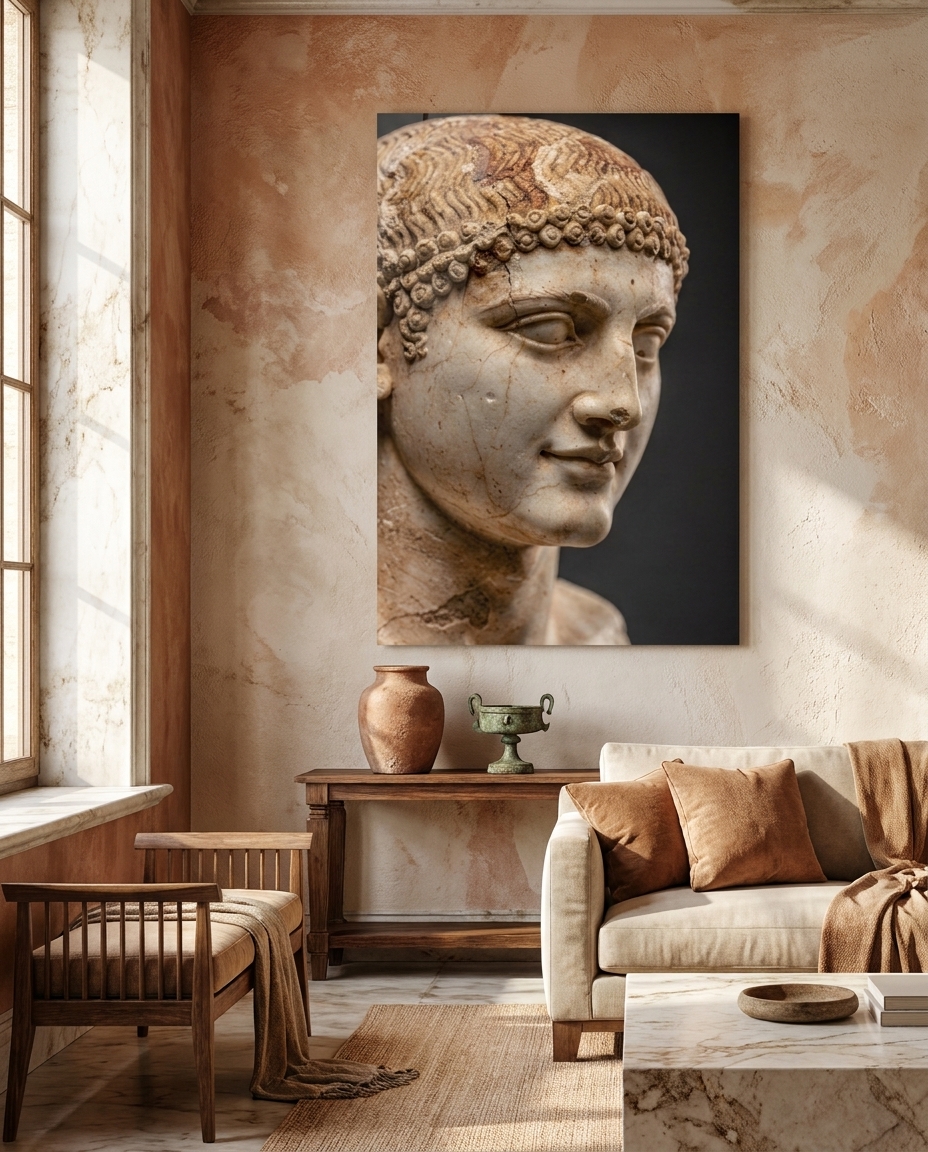 A weathered marble head turns in soft light, the faint Archaic smile lingering on time-worn lips, intimate and eternal.