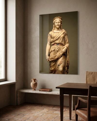 A draped maiden lifts a gentle smile, her marble still holding the faded reds and blues of long-vanished paint.