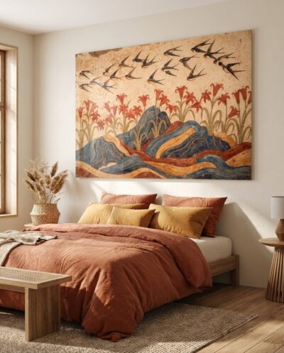 Crimson lilies rise from rippling volcanic rocks while swallows wheel through a warm ochre sky, a joyous vision of the Aegean spring.