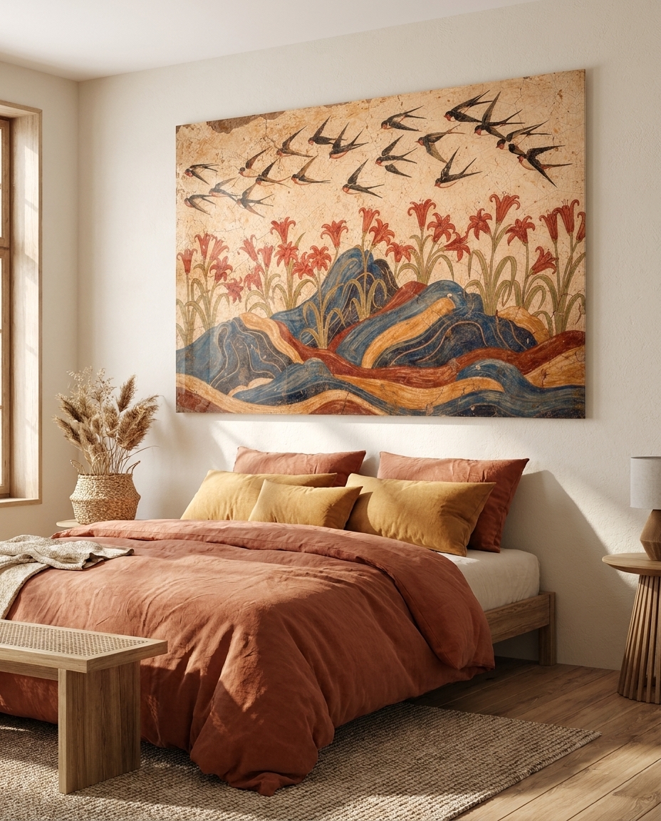 Crimson lilies rise from rippling volcanic rocks while swallows wheel through a warm ochre sky, a joyous vision of the Aegean spring.