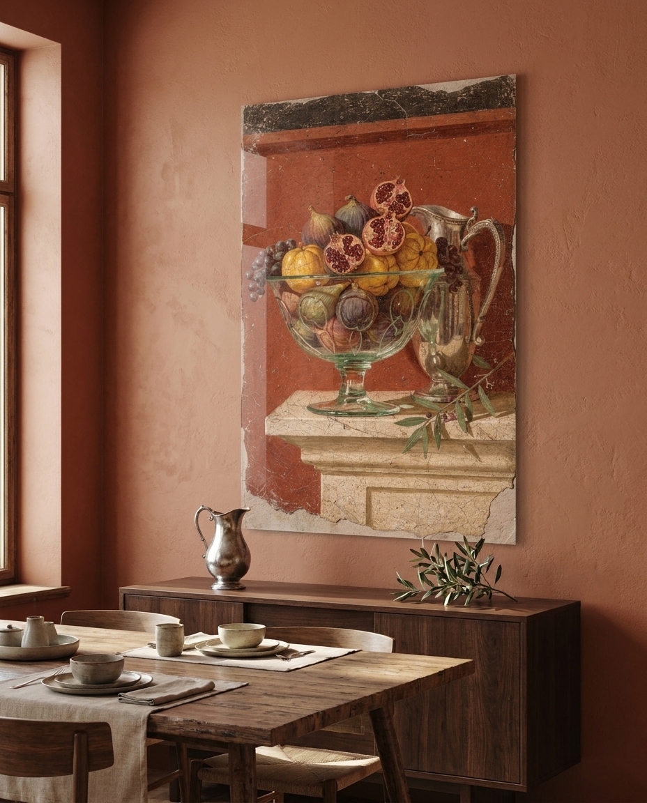 A glass bowl brimming with figs and split pomegranates rests beside a silver ewer, glowing against warm Pompeian red.