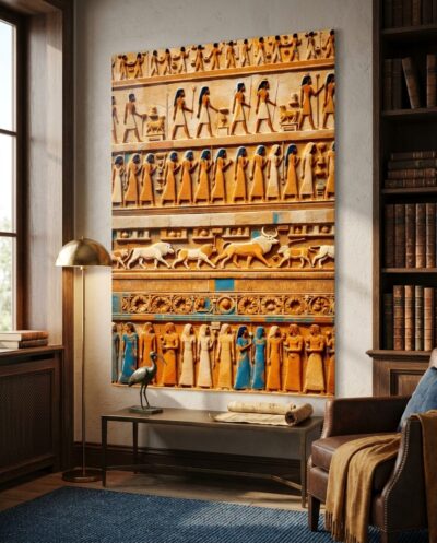 Robed figures and mirrored beasts move in solemn profile across carved bands, an ancient frieze glowing in warm ochre and lapis blue.