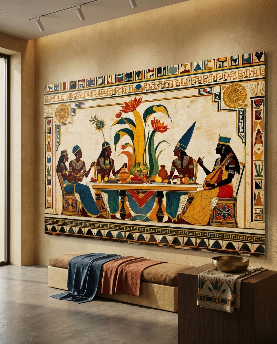 Seated guests exchange lotus blossoms as a lutenist plays, gathered around a table crowned by tall papyrus and flame-red flowers.
