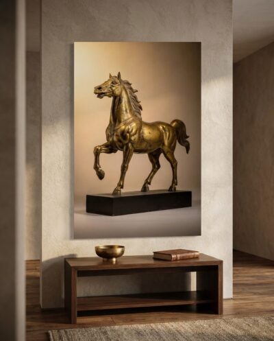 A gilded bronze horse strides forward on its dark plinth, one foreleg lifted, mane and tail flowing against a warm amber glow.