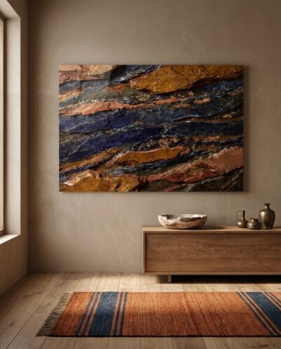 Deep lapis-blue seams thread through warm ochre stone, dusted with flecks of gold — a cool jewel set against the heat of the rock.