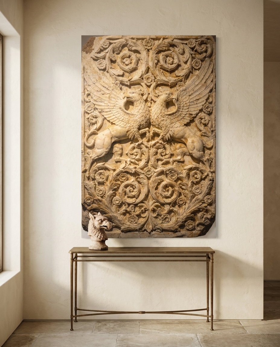 Two winged griffins rise from a scrolling acanthus tendril, carved deep enough to trap real shadow in warm honeyed marble.