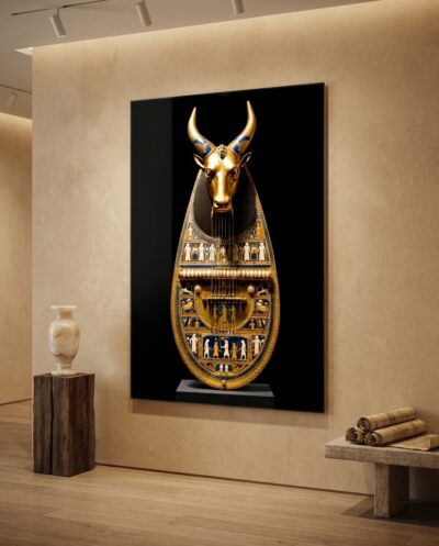 A golden bull's head crowns an ancient lyre, its lapis eyes and mosaic panels glowing against a field of velvet black.