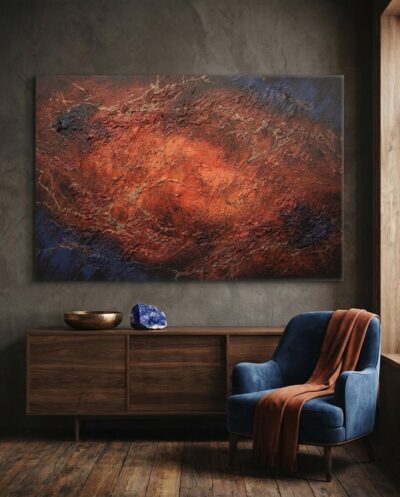 A glowing cinnabar-red expanse laced with veins of gold and pooled with deep lapis shadow, burning quietly from within.