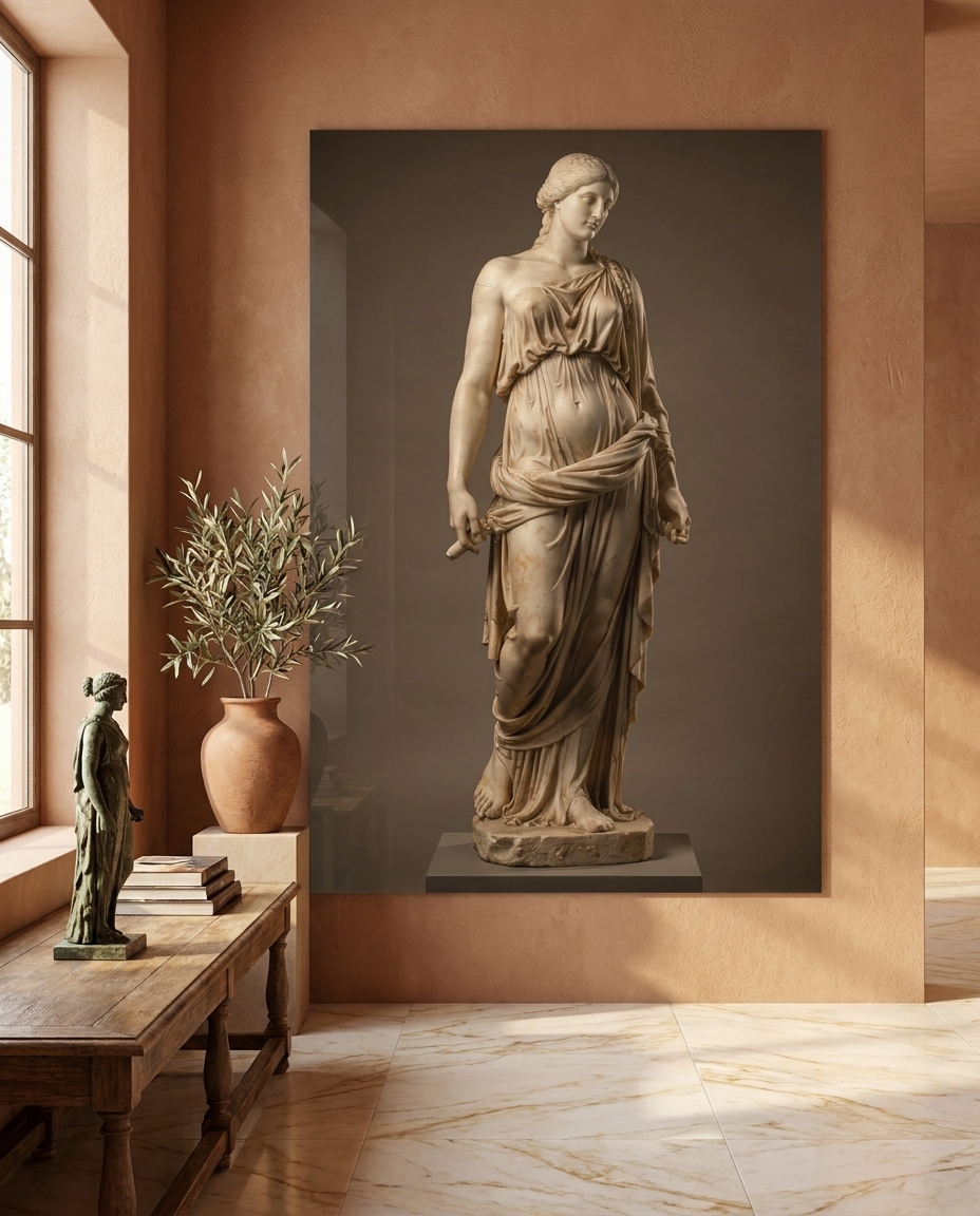 A Classical Greek goddess stands in clinging drapery, her marble folds flowing like water caught mid-motion in stone.
