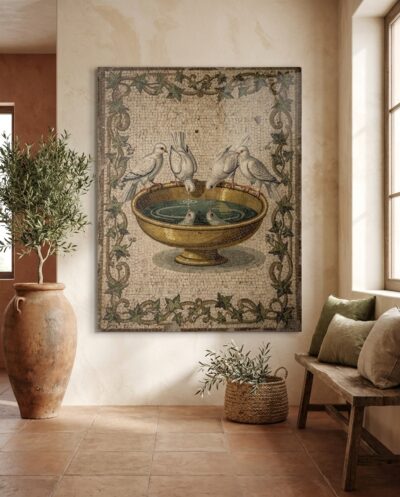 Four white doves gather at a gilded basin, one leaning to drink from its own reflection, framed by an ivy border built entirely from tiny cut stones.