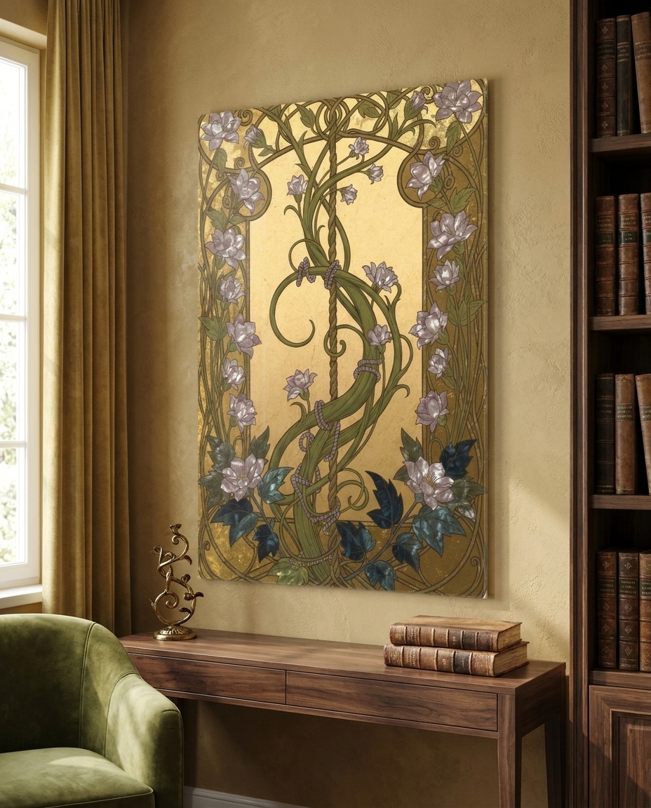 Slender tendrils spiral upward across a gilded field, purple blossoms unfurling as the vine reaches for an unseen sky.
