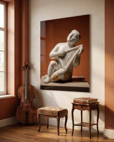 A seated marble musician bends into his harp, carved into pure planes — three thousand years on, the music still seems to hum.
