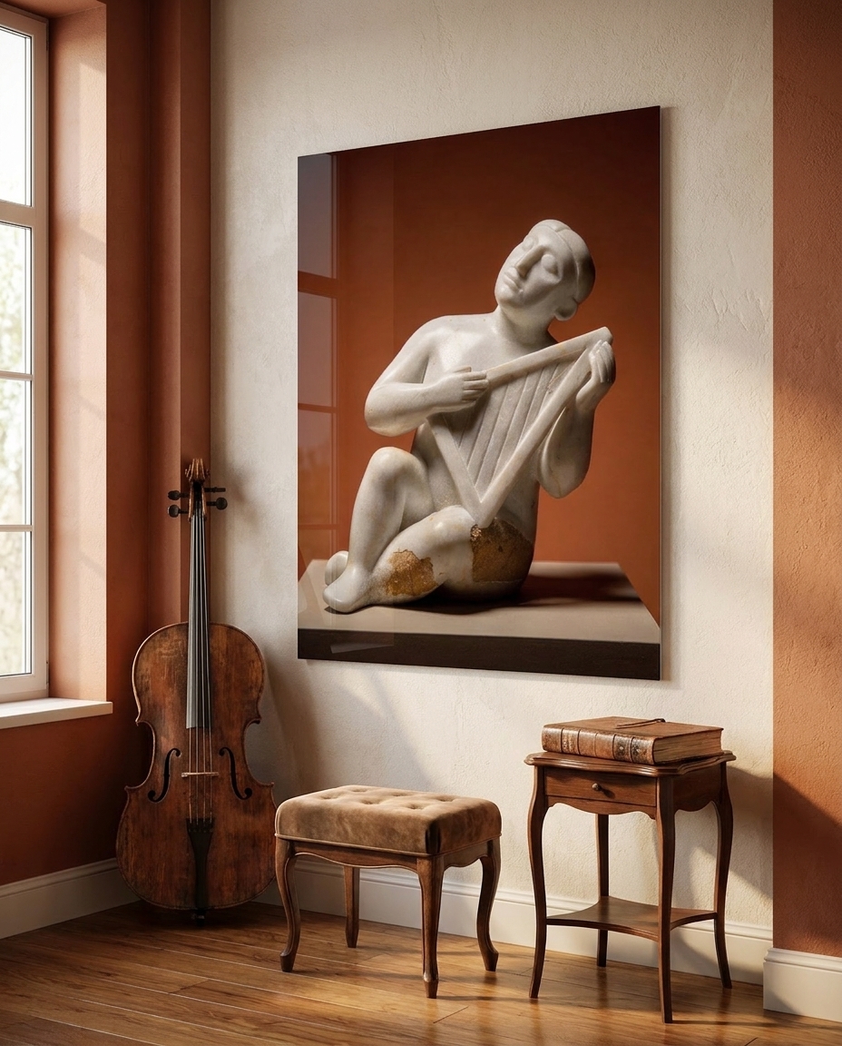A seated marble musician bends into his harp, carved into pure planes — three thousand years on, the music still seems to hum.