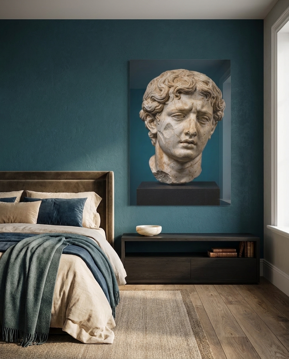 A marble head, severed from its body, brows gathered and gaze lowered — one of the first faces in Western art to show a mind turned inward.