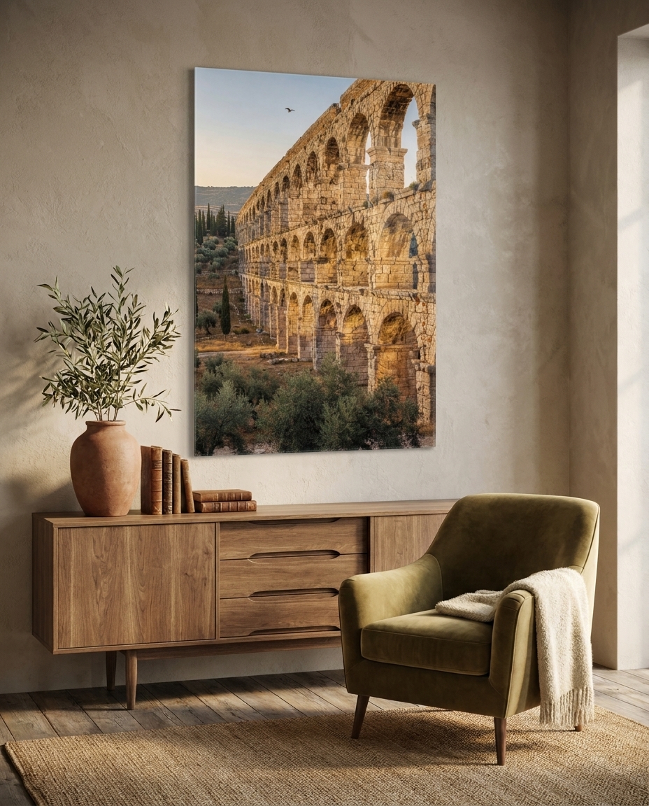 Tier upon tier of weathered stone arches strides toward the horizon, glowing amber above a hillside of olives and slender cypress.
