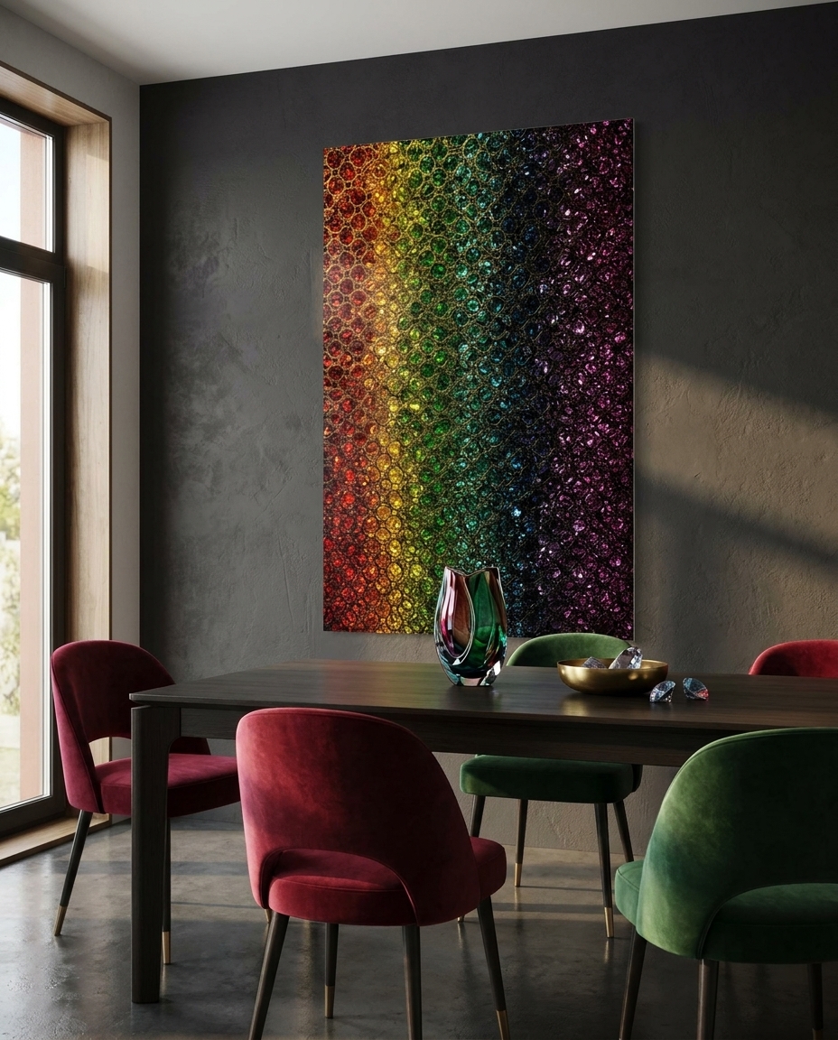 A dense lattice of glowing glass cells drifts cell by cell from warm ruby through emerald and sapphire into cool amethyst.