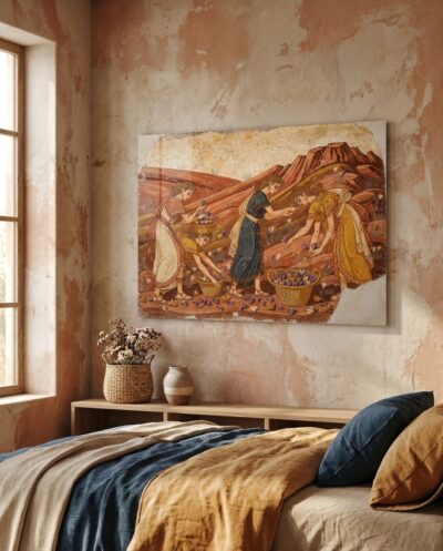 Slender figures stoop to gather golden crocus among rolling red hills — a serene Aegean spring caught in ochre and blue.