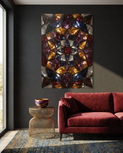 A radiant mandala of jewel-toned glass shards blooms outward in amethyst, sapphire, garnet and gold, each facet lit like a cut gem.